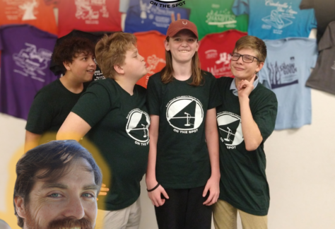 Four kids doing improv in their On The Spot T-Shirts.